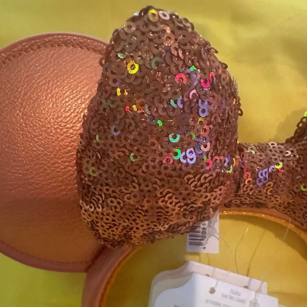 NWT Disney Parks Peach Punch Apricot Sequin Bow Faux Leather Ears Headband